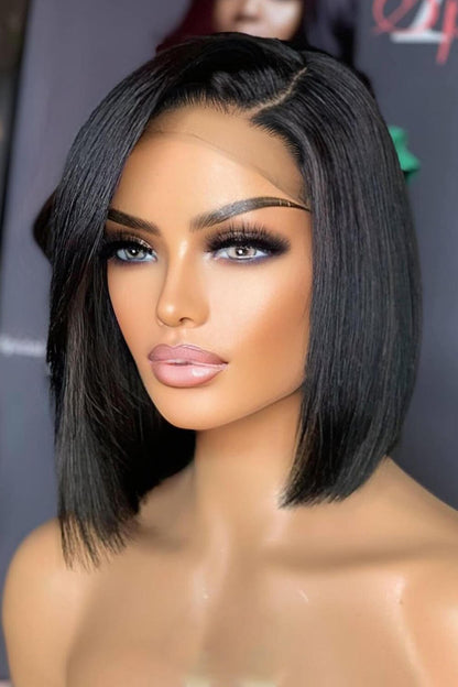 5x5 HD Lace Closure Wig Straight Black Blunt Cut Bob Human Hair