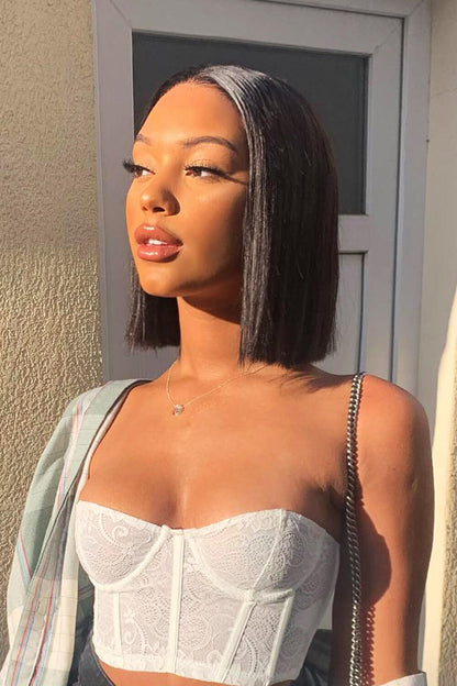 5x5 HD Lace Closure Wig Straight Black Blunt Cut Bob Human Hair