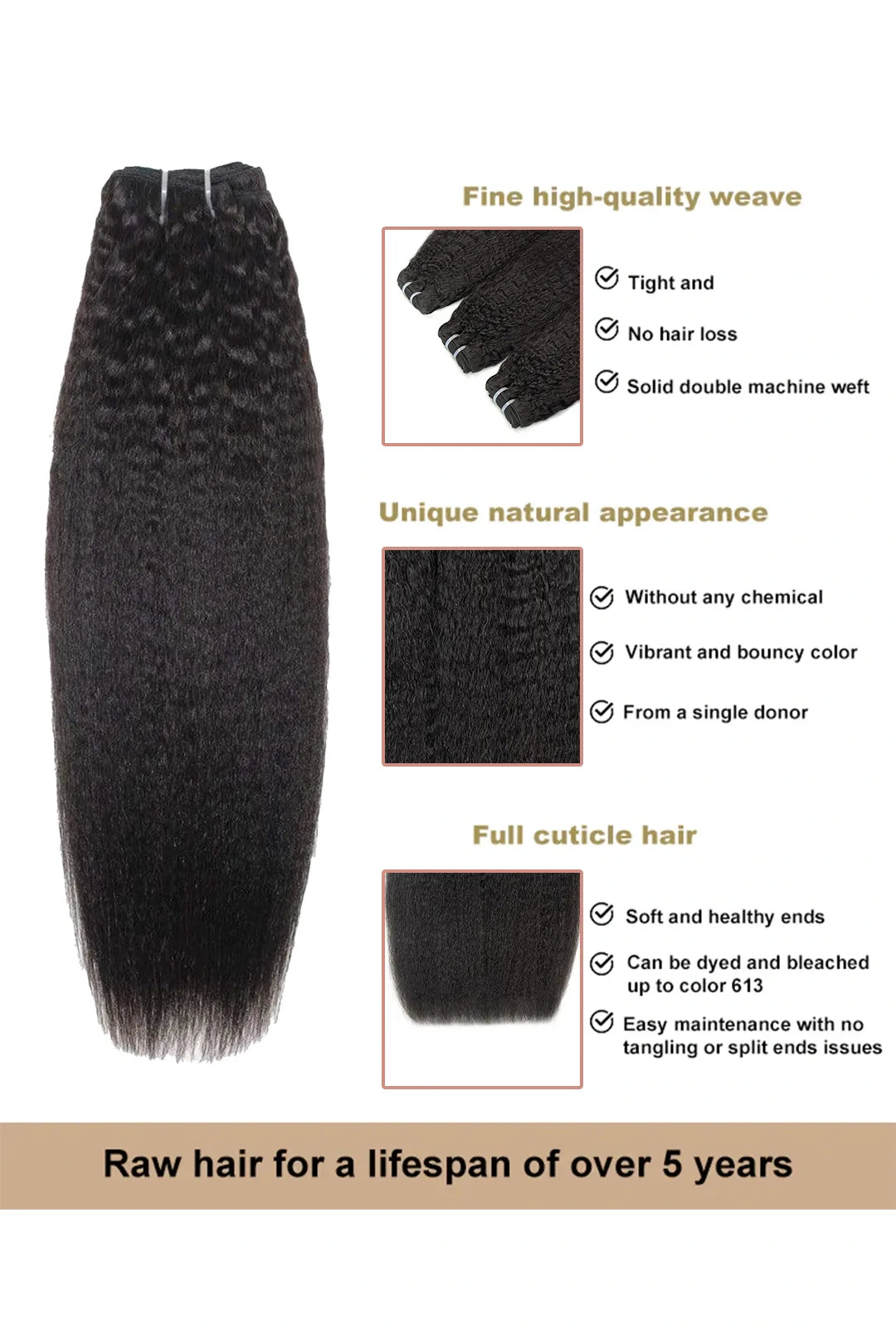 Cambodian Virgin Hair Bundle Kinky Straight Natural Color 12A 20% Density