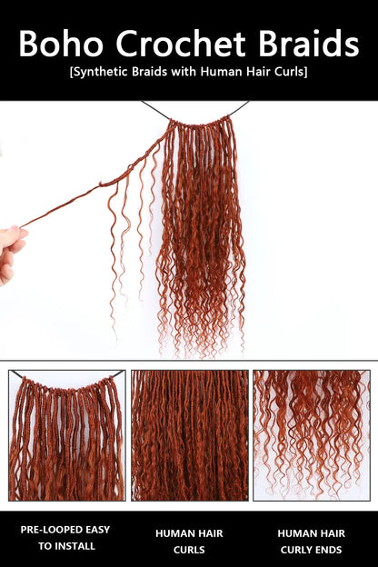 Copper Red Crochet Faux Locs Braids with Human Hair Curls Advantage