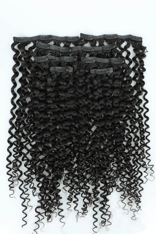 Curly Seamless Clip in Hair Extensions Natural Black 7 Pcs