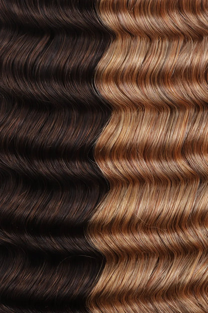 Curvature details of T natural black root piano color #4/#27 deep wave feather crochet human hair