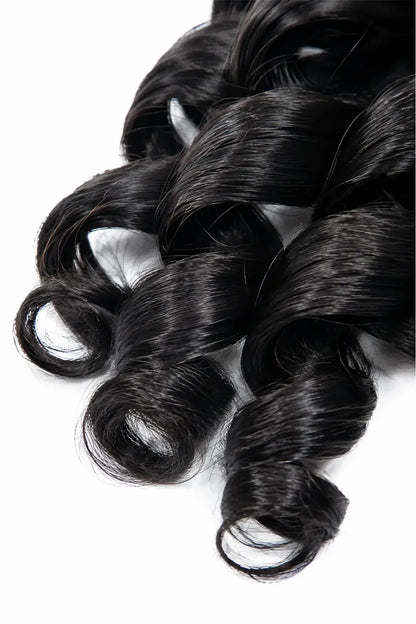 Detail of double drawn feather crochet hair extension french curl human hair