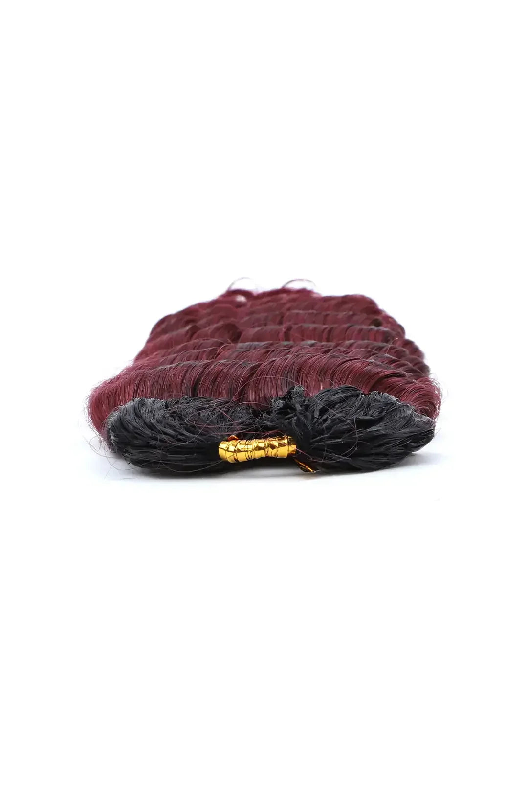 Detail of the ends of T1B/Burgundy 99J deep wave feather crochet human hair