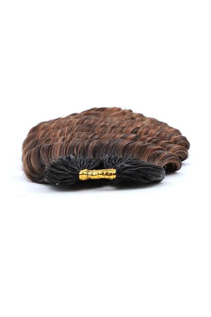 Detail of the ends of t natural black root mixed 4/27/30 deep wave feather crochet human hair
