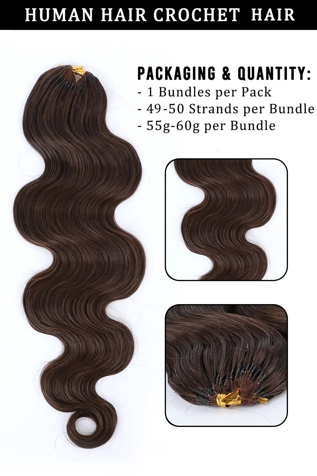 Dark Brown Body Wave Feather Crochet Hair Extension Human Hair FE34 60g