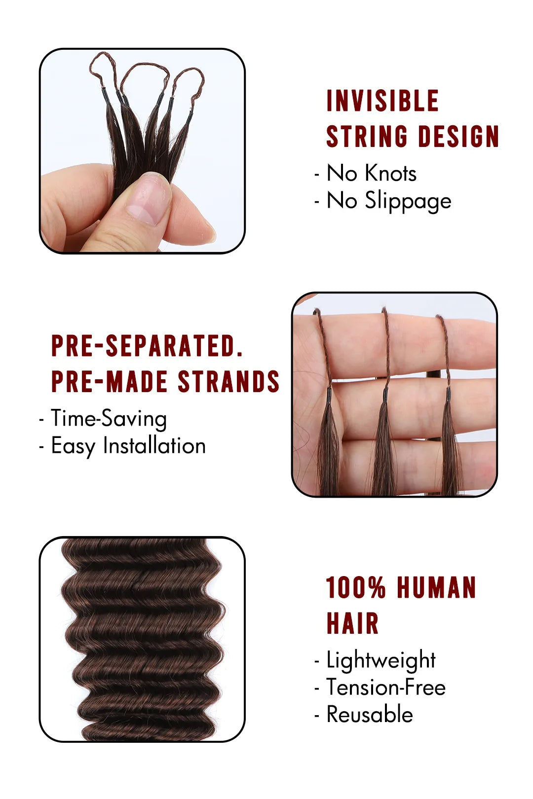 Dark Brown Deep Wave Feather Crochet Human Hair Extension FE31 60g