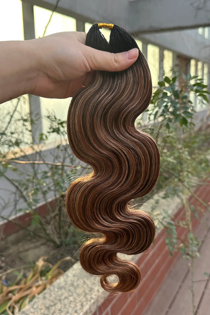 Outdoor picture of t natural black root mixed 4/27/30 body wave feather crochet human hair