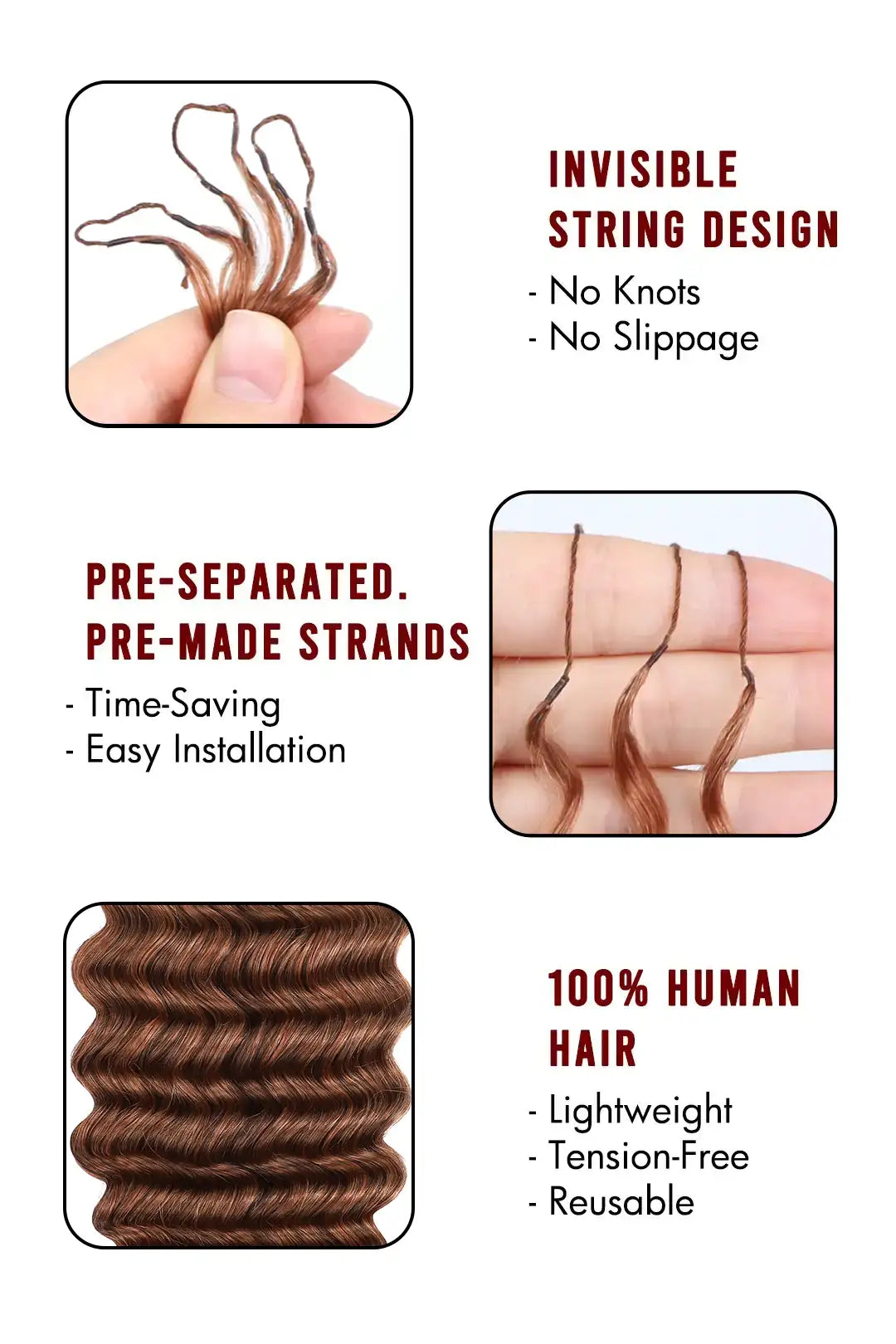 Auburn Brown #30 Deep Wave Feather Crochet Human Hair