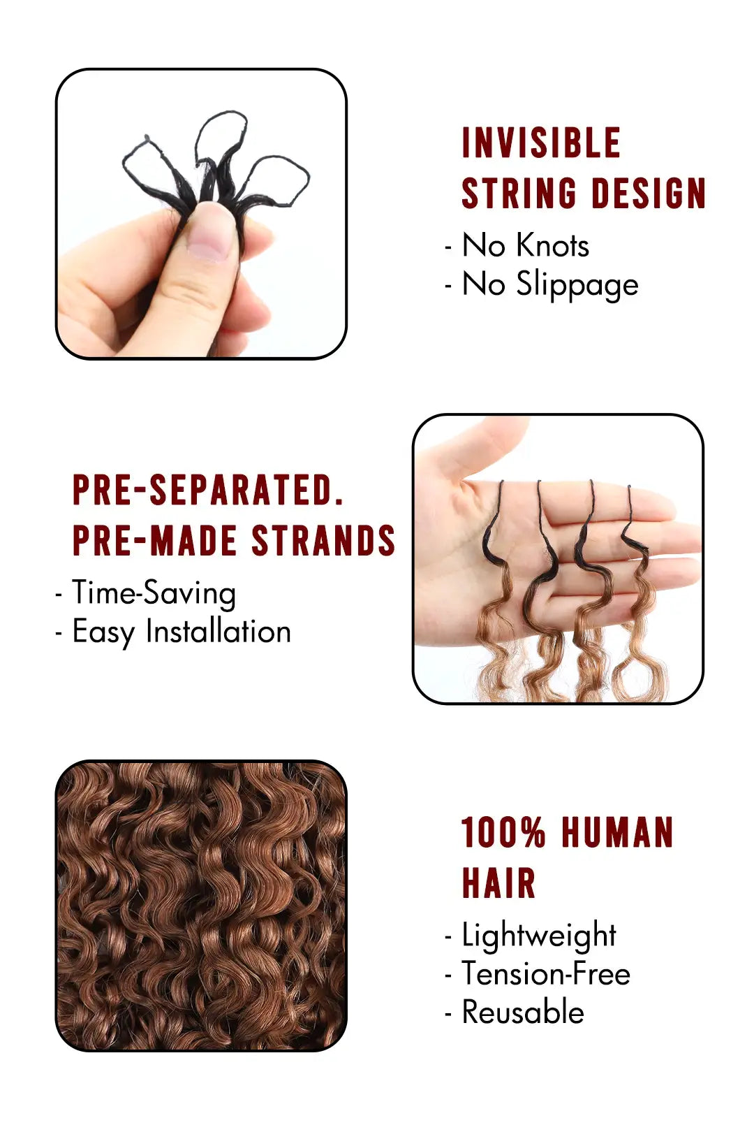 Auburn Brown Ombre Burmese Curly with Spiral Curls Feather Crochet Hair - T1B/30 Human Hair
