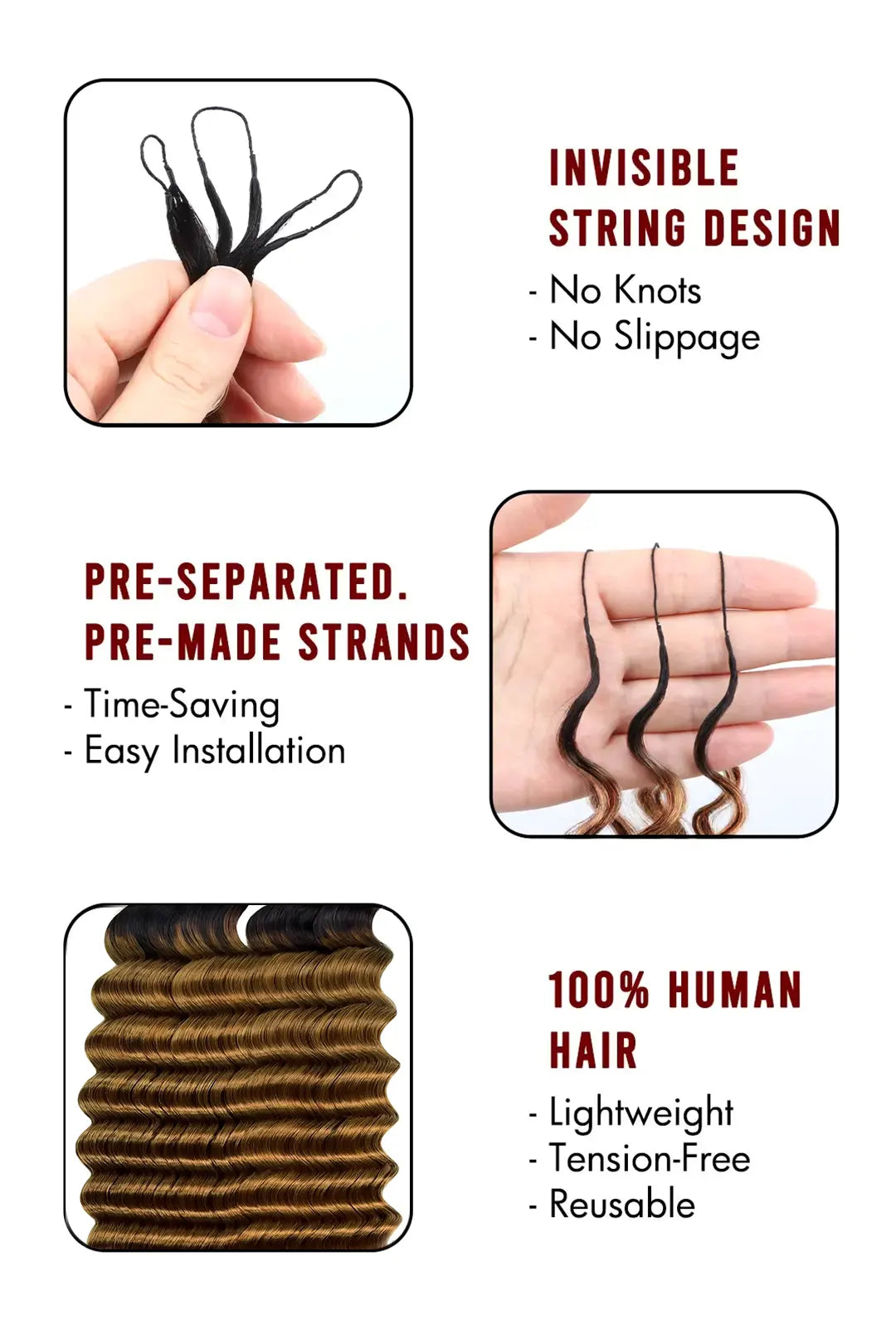 Double Drawn Auburn Brown Ombre Deep Wave Feather Crochet Hair - T1B/30 Human Hair