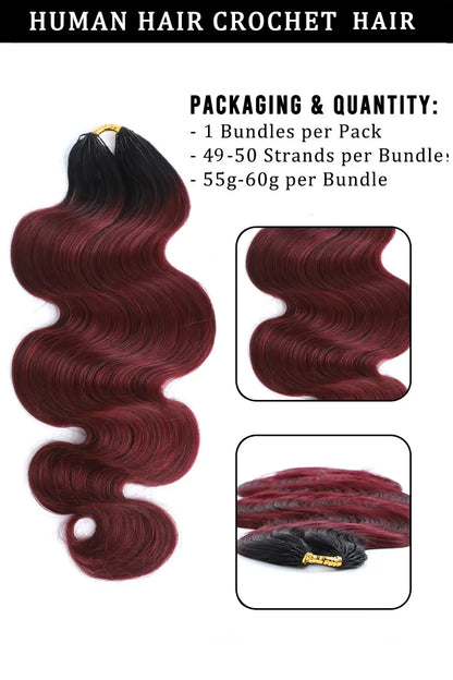 Double Drawn Burgundy Ombre Body Wave Feather Crochet Hair - T1B/99J Human Hair