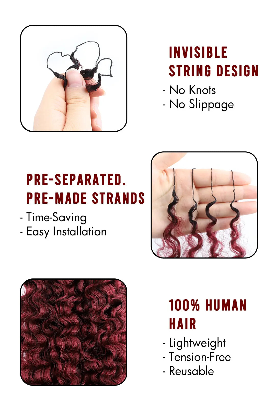 Burgundy Ombre Water Deep Wave Feather Crochet Hair - T1B/99J Human Hair