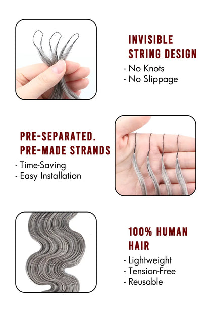 Product description of salt and pepper body wave feather crochet human hair 85 gray