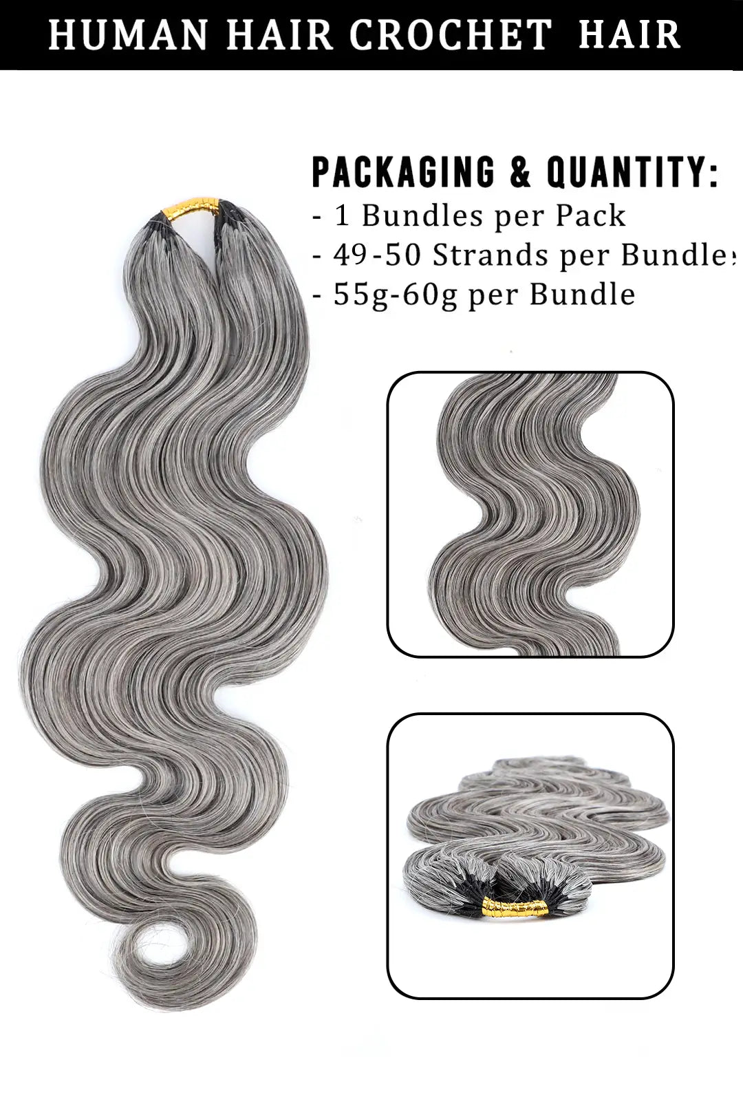 Product description of salt and pepper body wave feather crochet human hair 85 gray