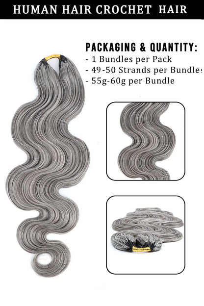 Product description of salt and pepper body wave feather crochet human hair 85 gray