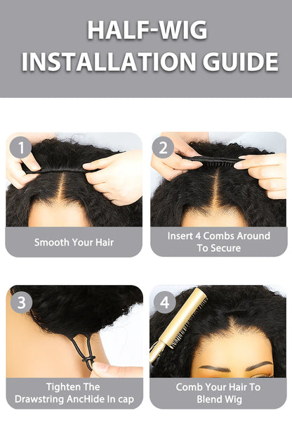 Product description picture of kinky straight half wig flexible fit drawstring human hair seamless wig