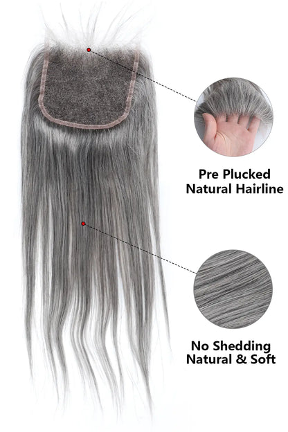 Salt and Pepper 5x5 HD Lace Closure Straight Human Hair 85% Gray