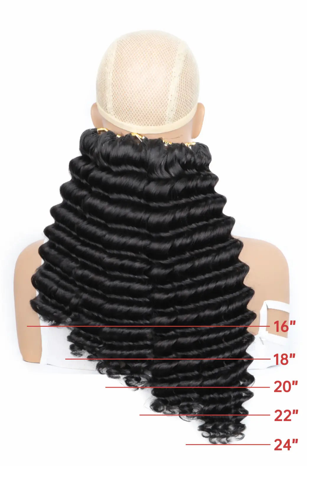 Size comparison image of feather crochet hair extension deep wave human hair